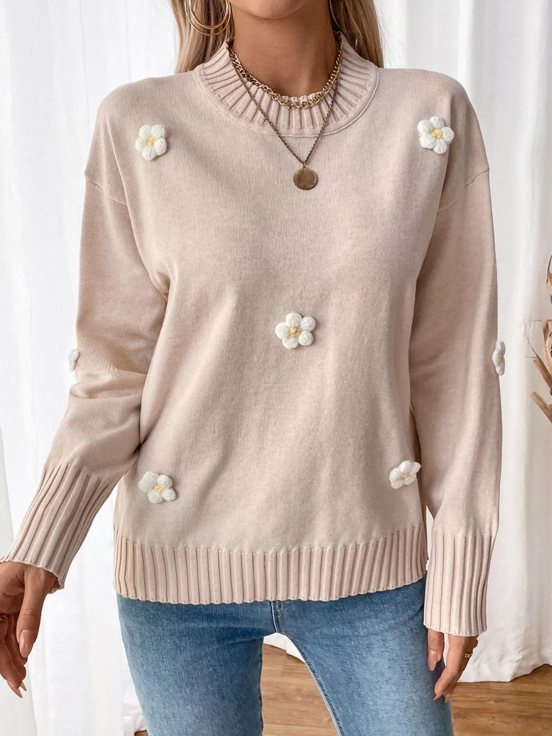 Demi Flower Round Neck Long Sleeve Sweater