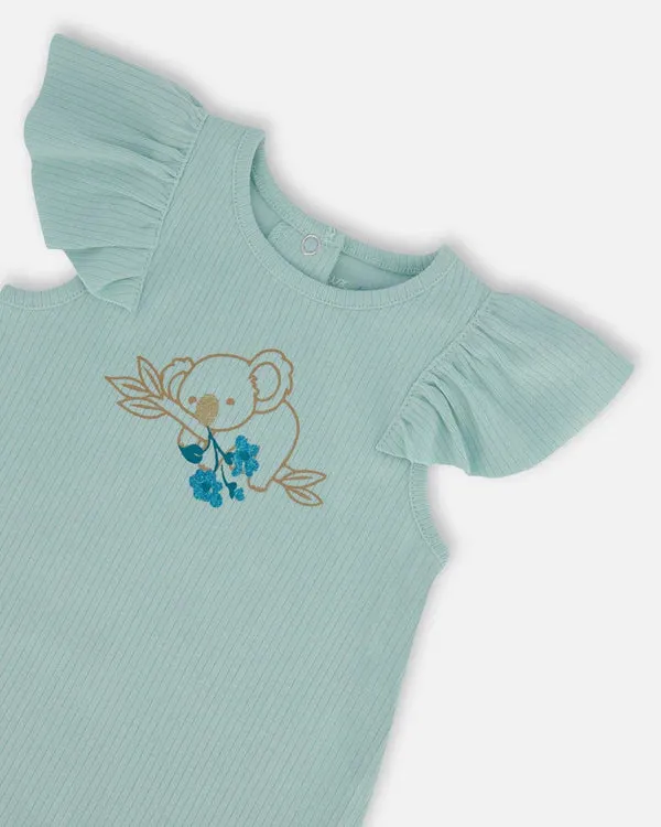 deux par deux Baby Girls Organic Cotton Romper With Frills - Light Blue