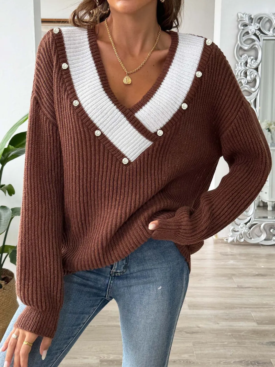 Dollie Contrast Trim Dropped Shoulder Long Sleeve Sweater