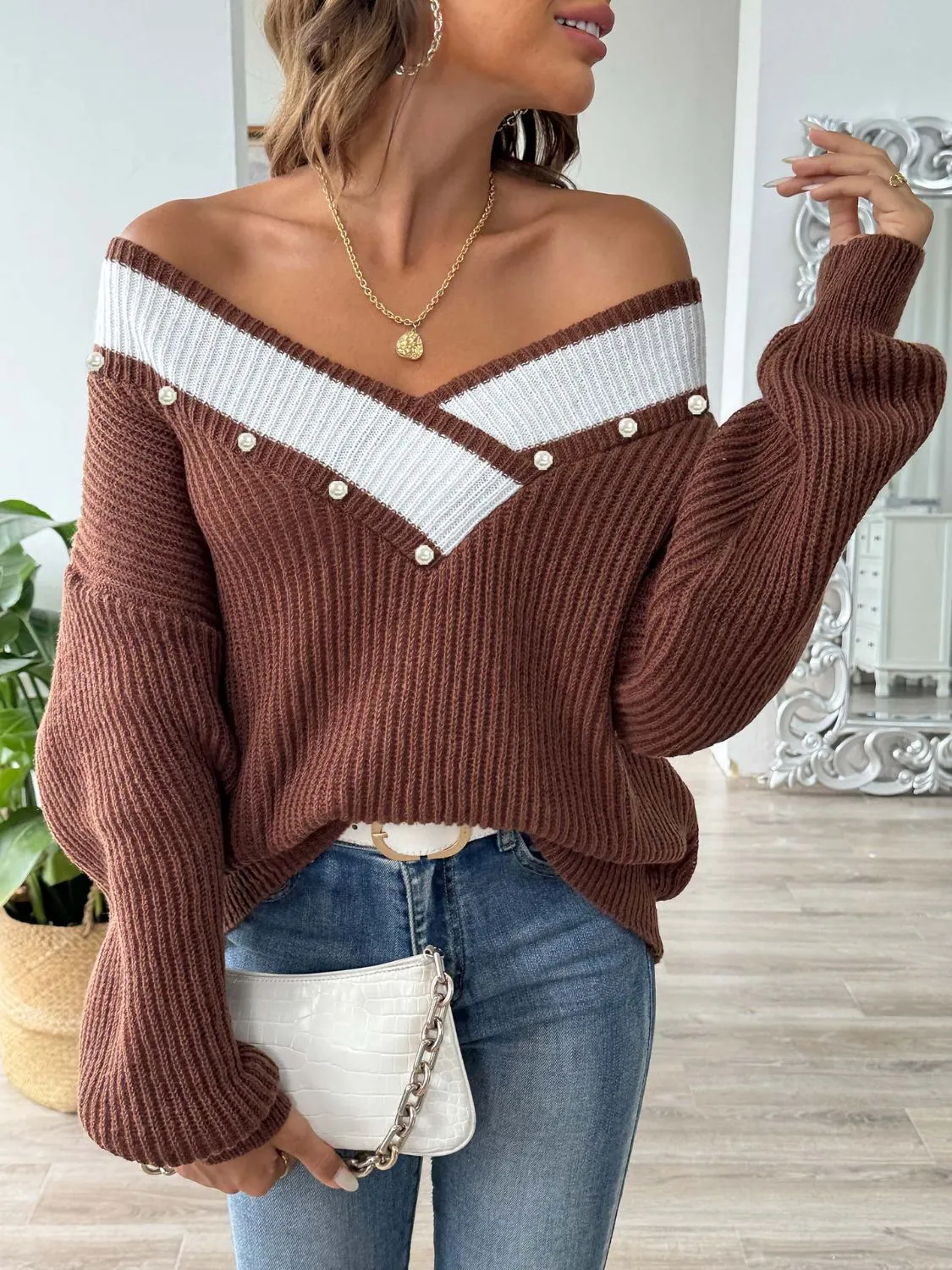 Dollie Contrast Trim Dropped Shoulder Long Sleeve Sweater