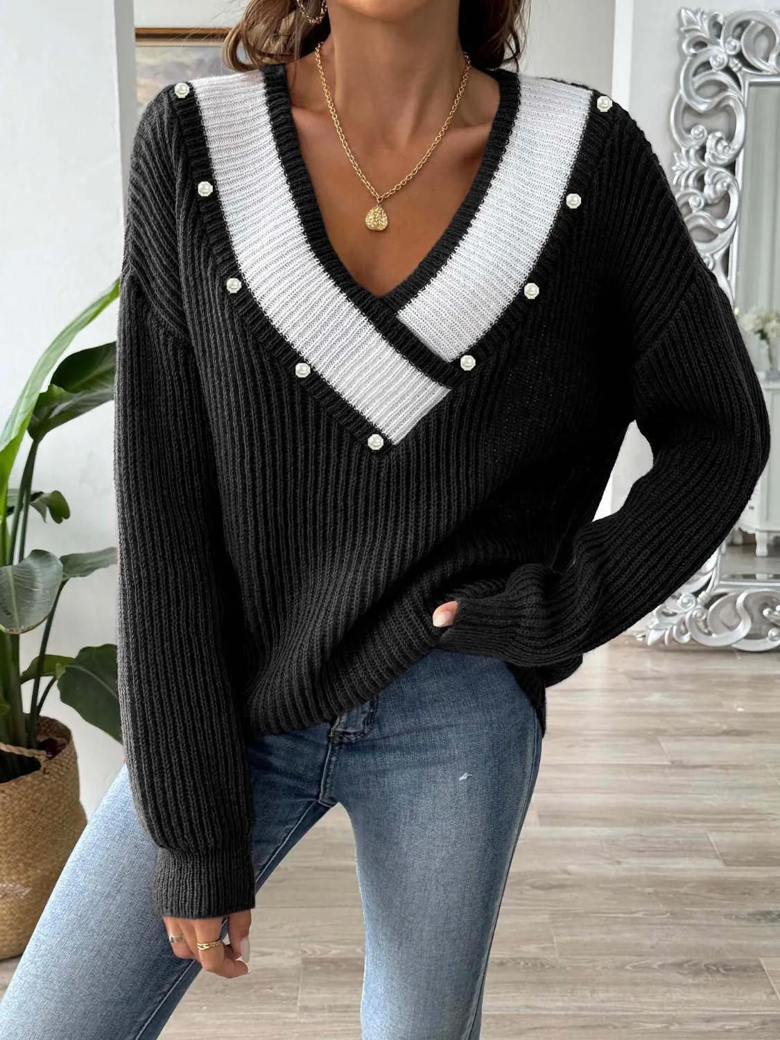 Dollie Contrast Trim Dropped Shoulder Long Sleeve Sweater