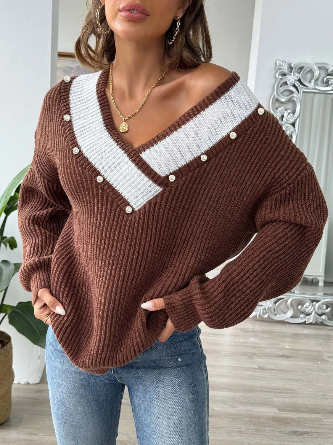 Dollie Contrast Trim Dropped Shoulder Long Sleeve Sweater