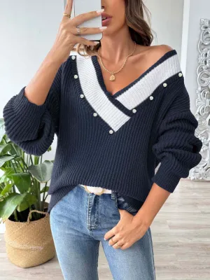 Dollie Contrast Trim Dropped Shoulder Long Sleeve Sweater