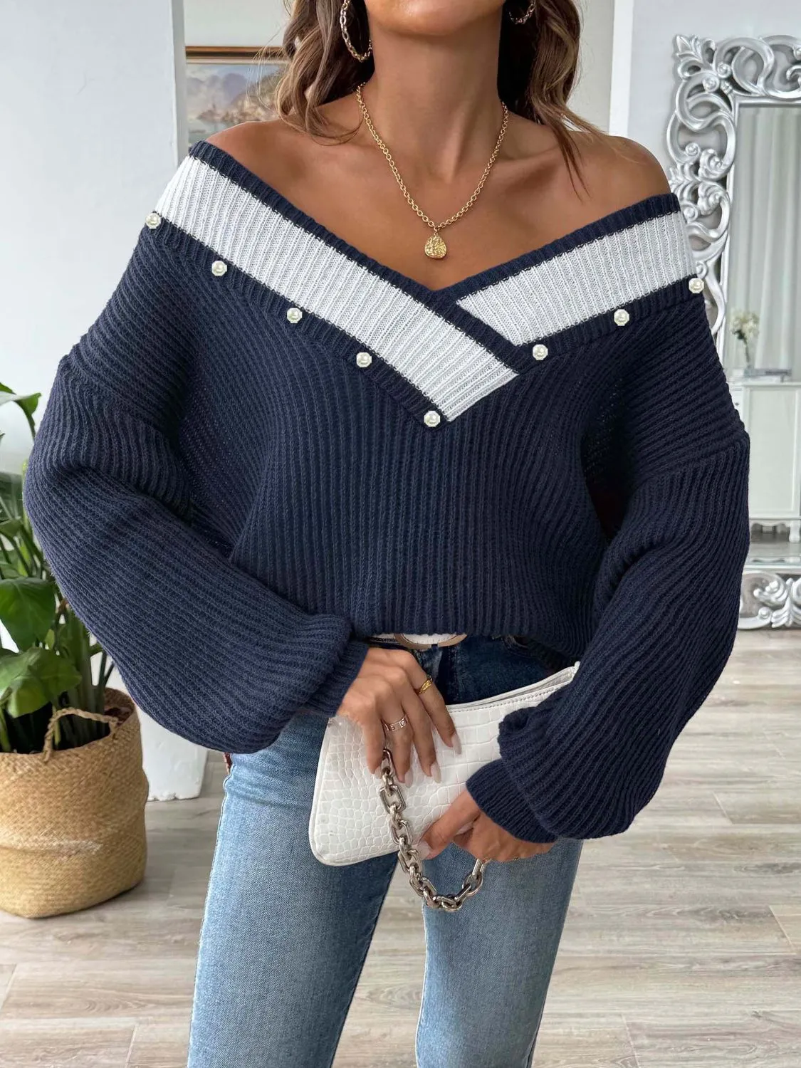 Dollie Contrast Trim Dropped Shoulder Long Sleeve Sweater