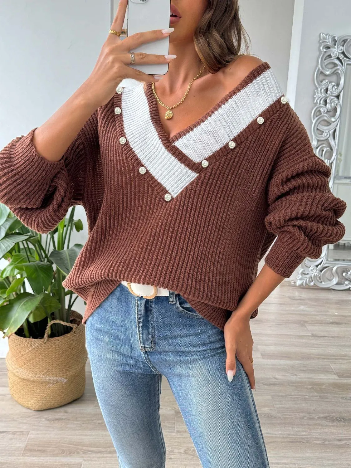 Dollie Contrast Trim Dropped Shoulder Long Sleeve Sweater