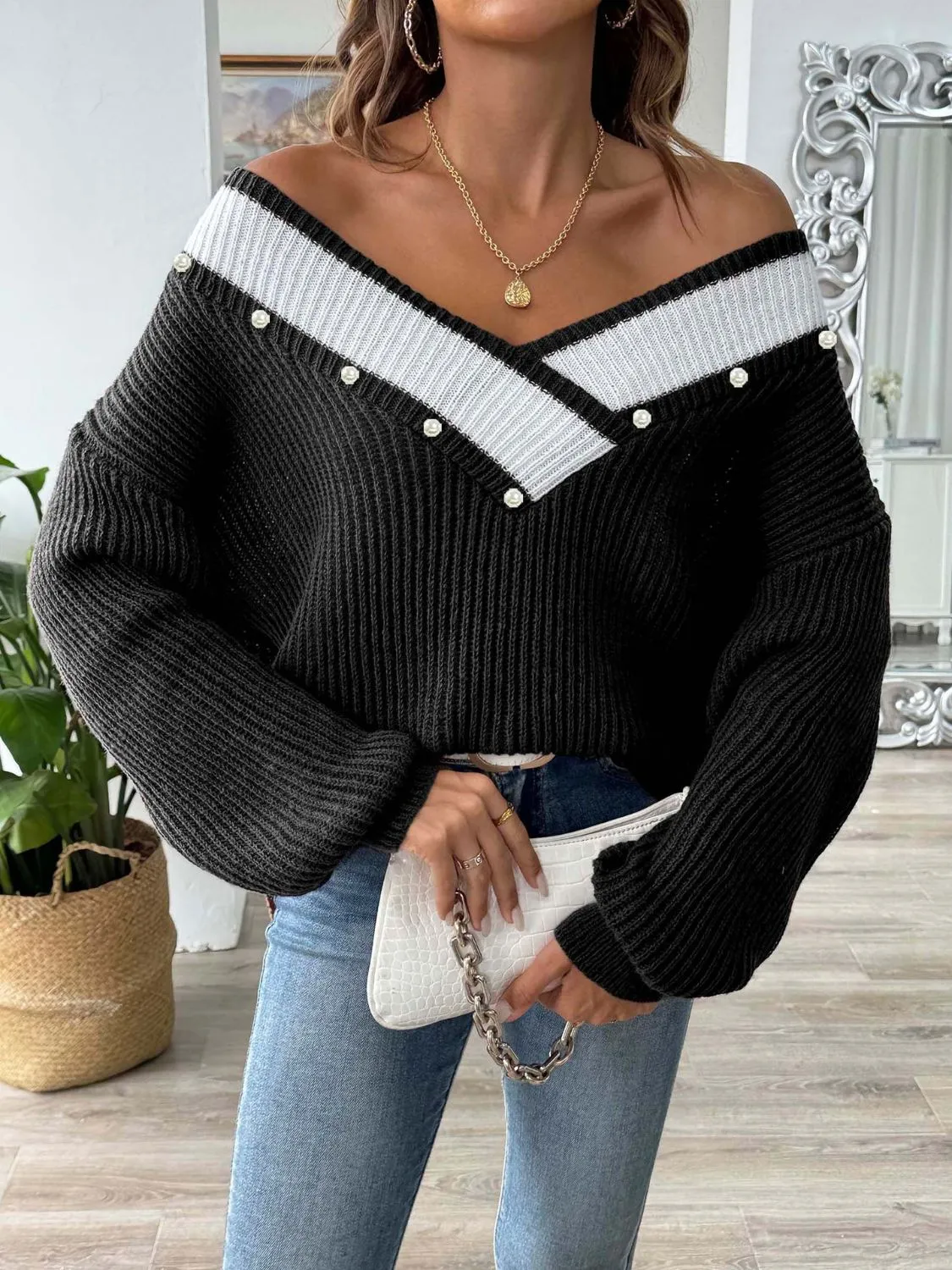Dollie Contrast Trim Dropped Shoulder Long Sleeve Sweater