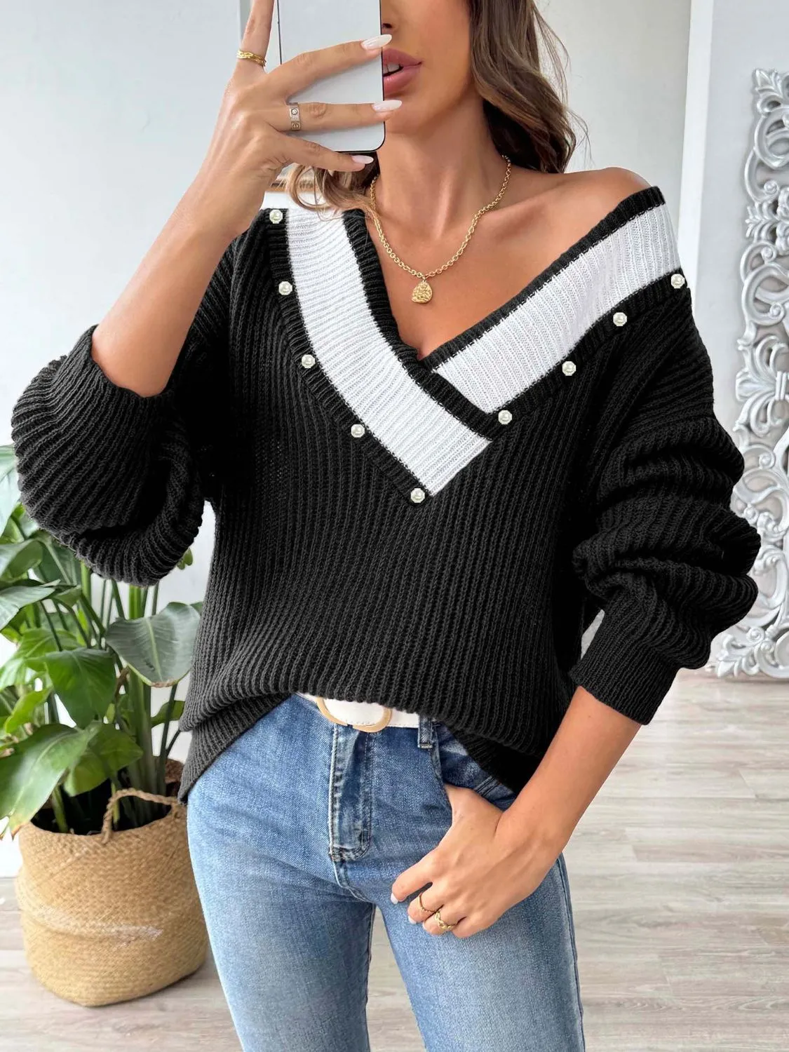 Dollie Contrast Trim Dropped Shoulder Long Sleeve Sweater