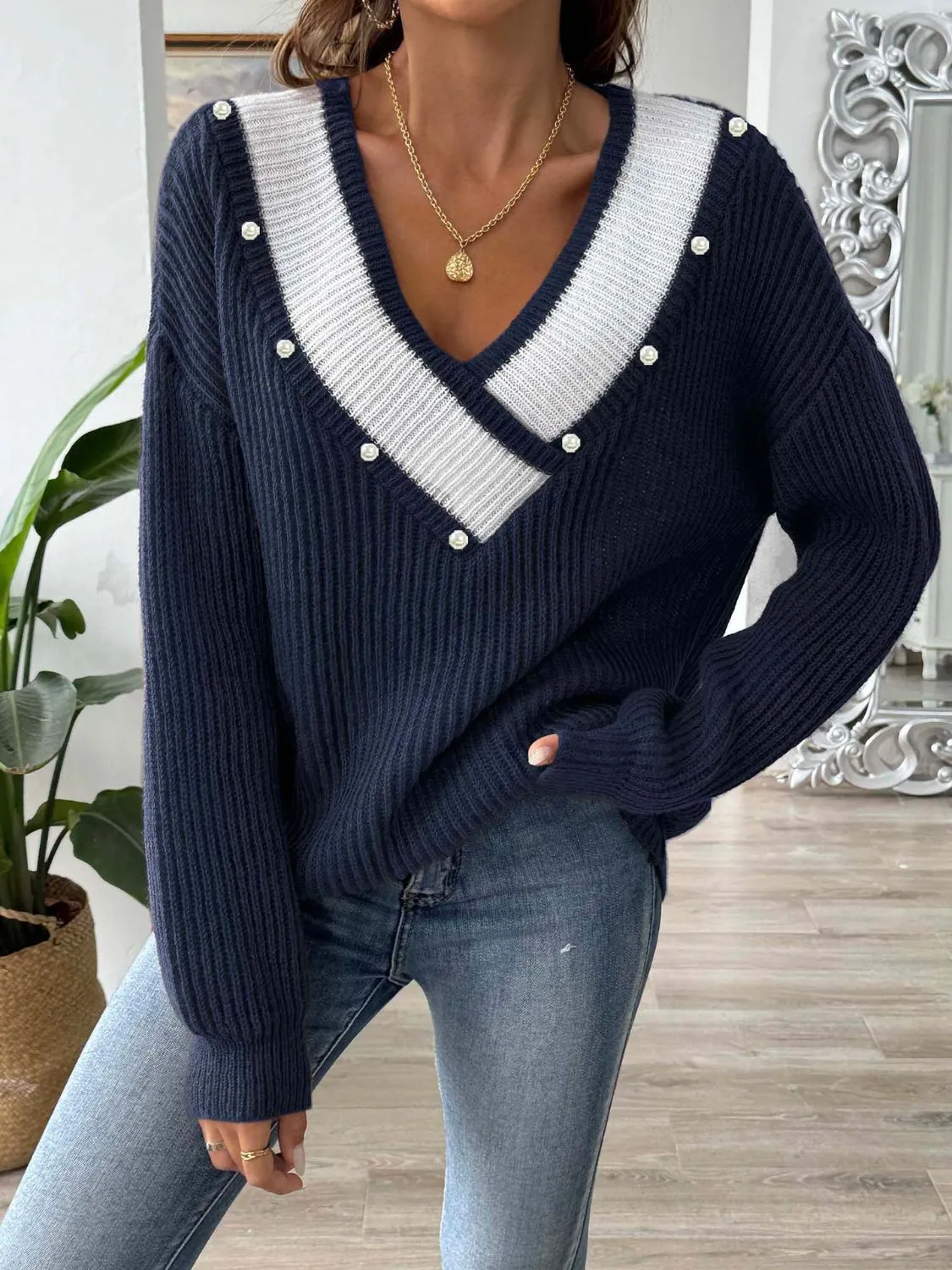 Dollie Contrast Trim Dropped Shoulder Long Sleeve Sweater