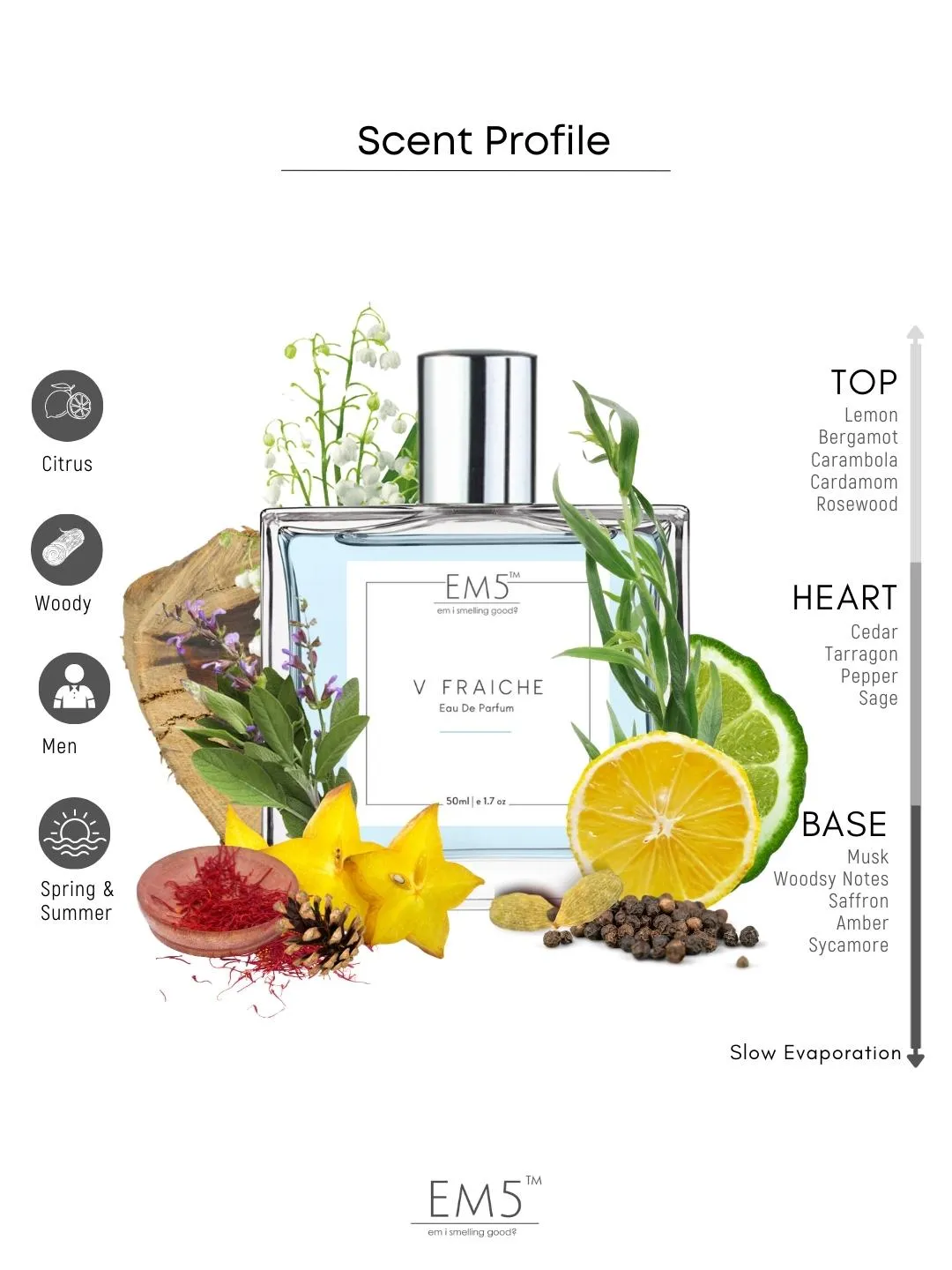 EM5™ V Fraiche Perfume EDP Spray for Men | Citrus Aromatic Woody Fragrance Accords | Luxury Gift for Him | Variants Available: 50 ml Spray / 15 ml Spray