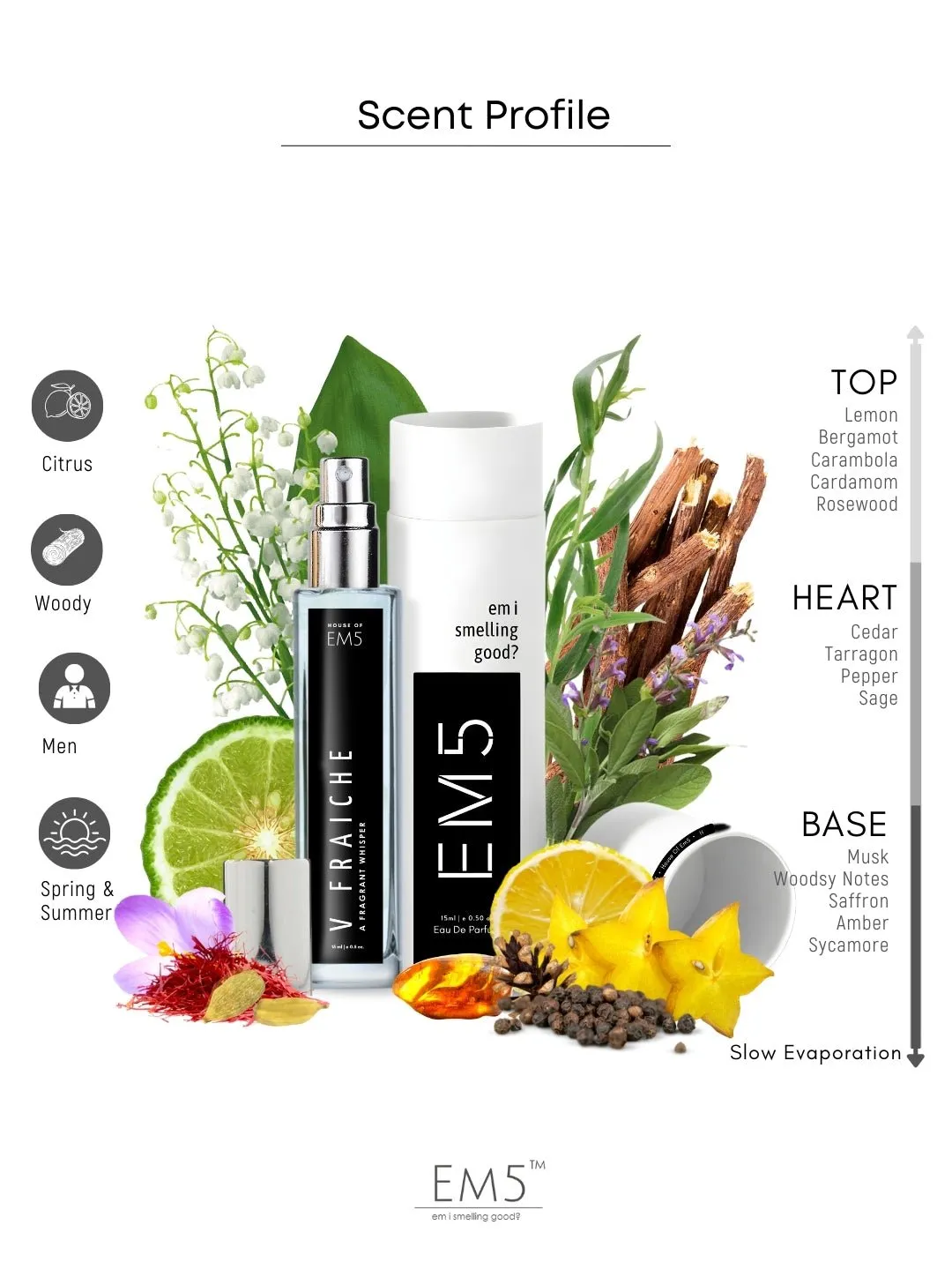 EM5™ V Fraiche Perfume EDP Spray for Men | Citrus Aromatic Woody Fragrance Accords | Luxury Gift for Him | Variants Available: 50 ml Spray / 15 ml Spray