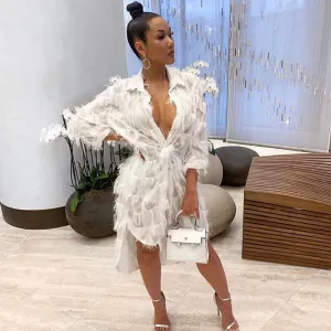 Feather White Shirt Dress Women Long Sleeve Button Turn-Down Collar Irregular Streetwear Loose Casual Oversized Dress Vestidos