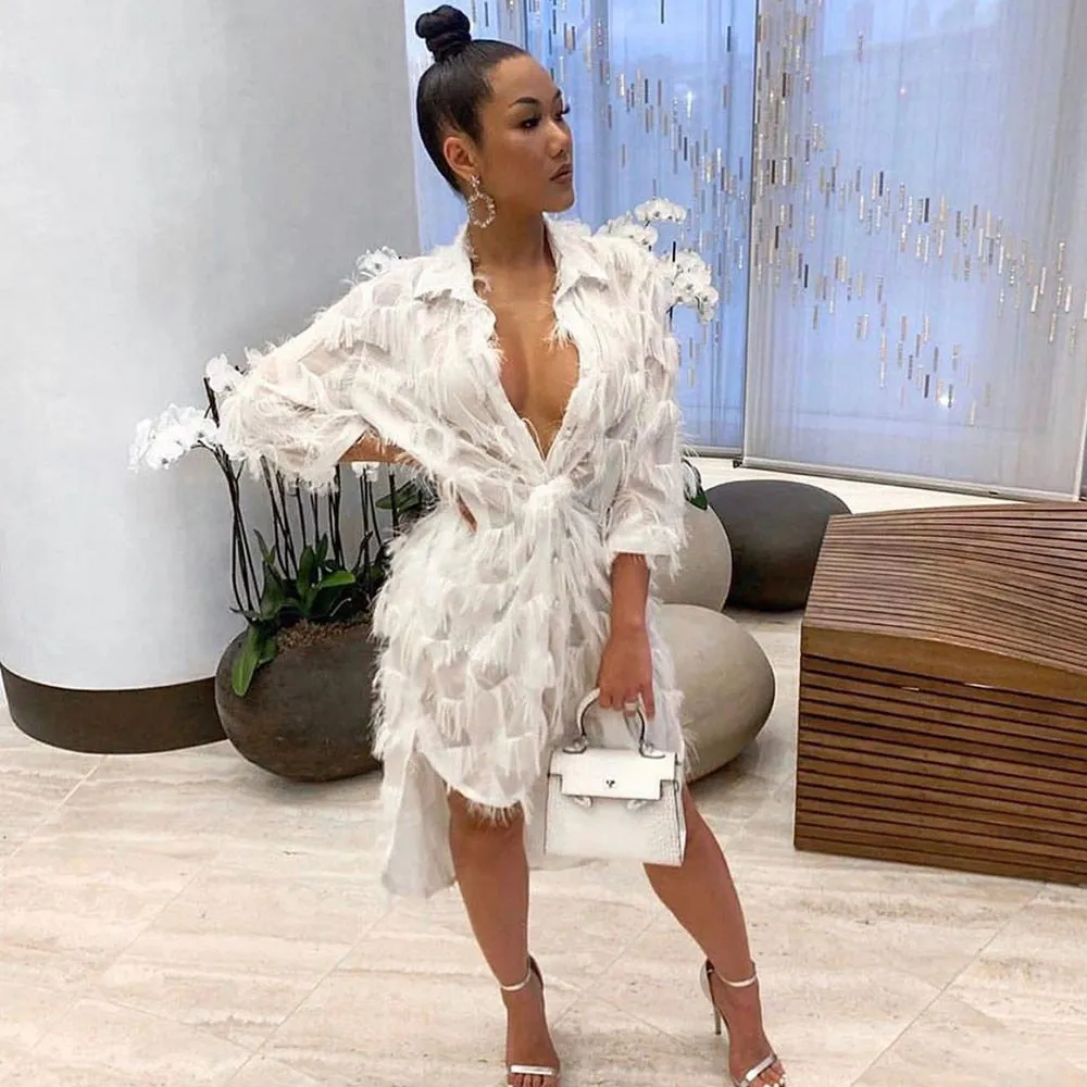 Feather White Shirt Dress Women Long Sleeve Button Turn-Down Collar Irregular Streetwear Loose Casual Oversized Dress Vestidos