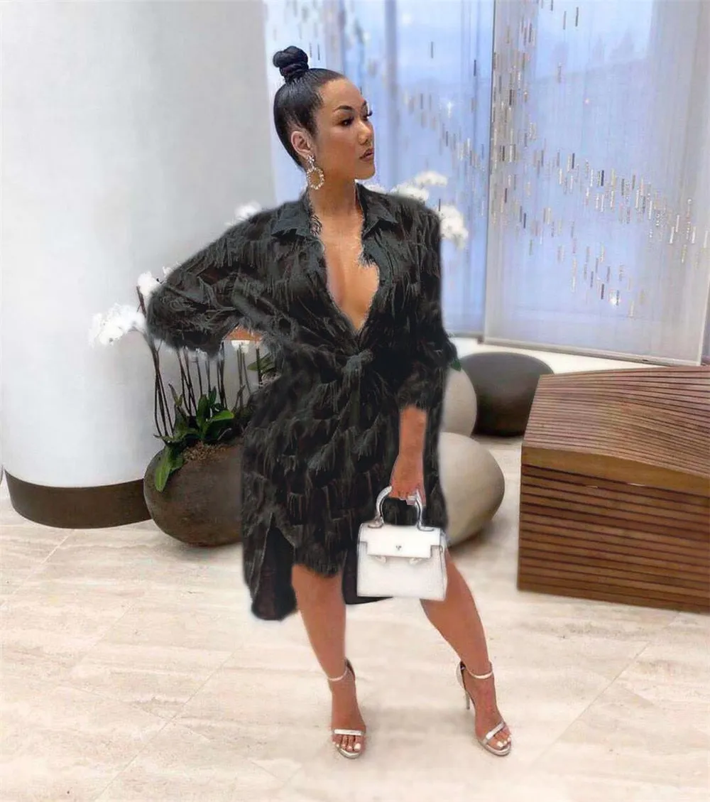 Feather White Shirt Dress Women Long Sleeve Button Turn-Down Collar Irregular Streetwear Loose Casual Oversized Dress Vestidos