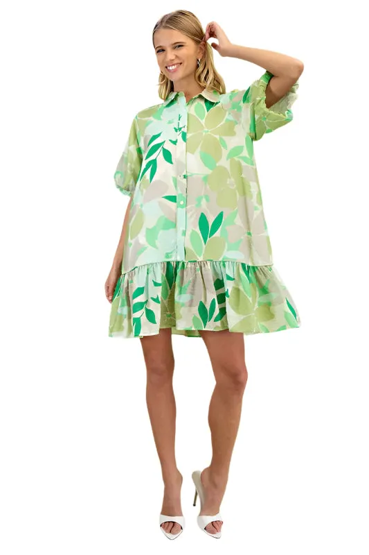 Floral Print Short Sleeve Shirt Style Mini Dress