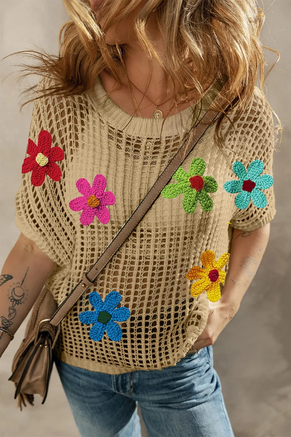 Flower Round Neck Half Sleeve Knit Cover Up