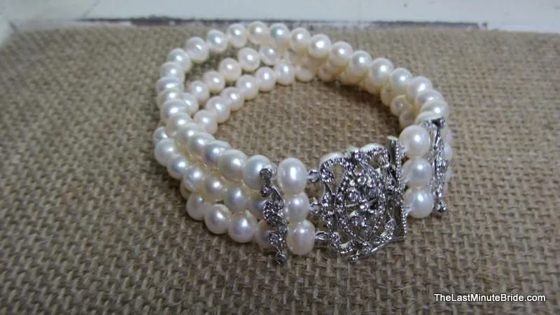 Fresh Water Pearl and CZ Triple Strand Bracelet