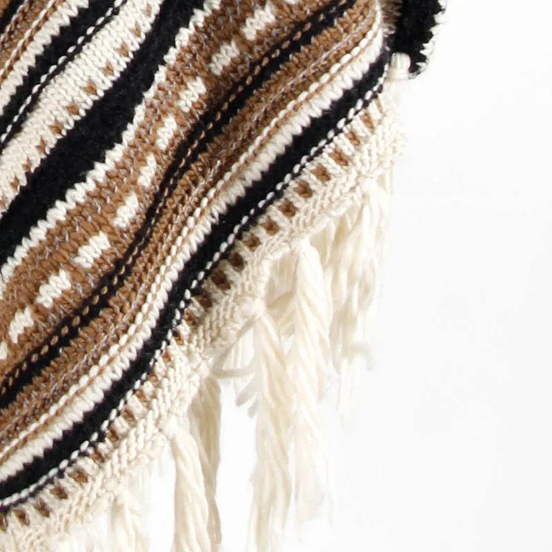 Fringed Cloak Shawl Diagonal Striped Sweater
