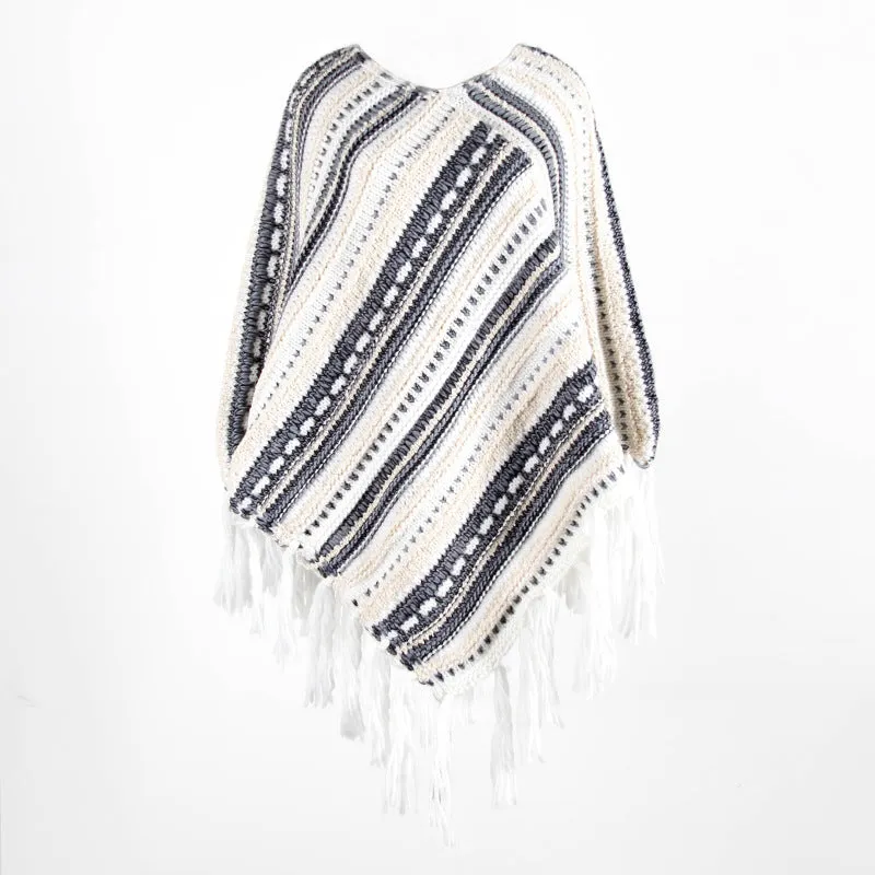 Fringed Cloak Shawl Diagonal Striped Sweater