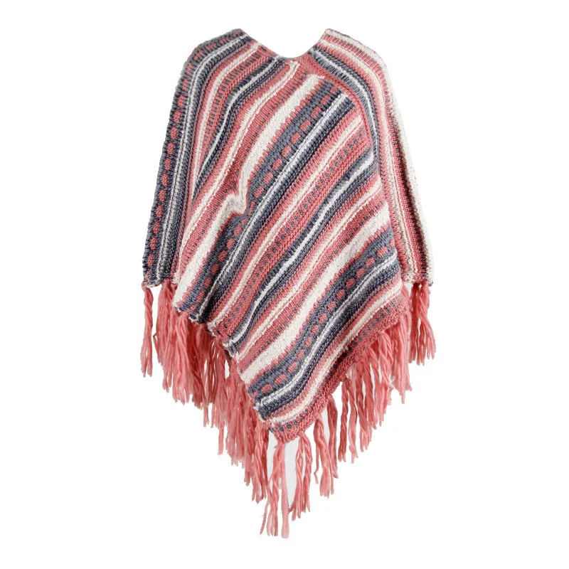 Fringed Cloak Shawl Diagonal Striped Sweater