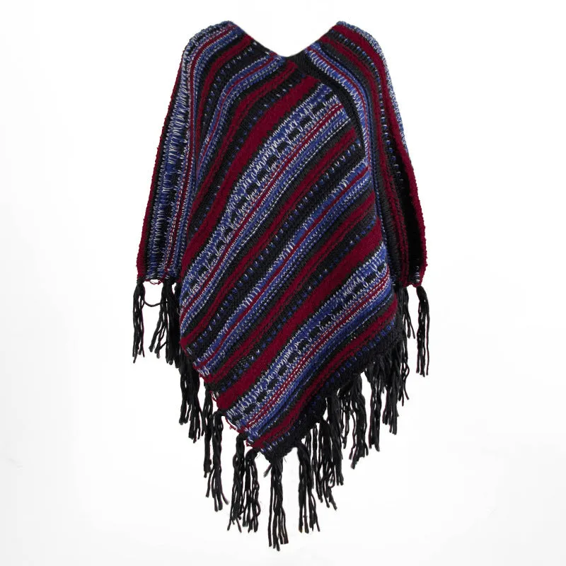 Fringed Cloak Shawl Diagonal Striped Sweater