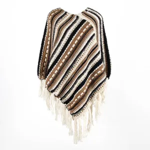 Fringed Cloak Shawl Diagonal Striped Sweater