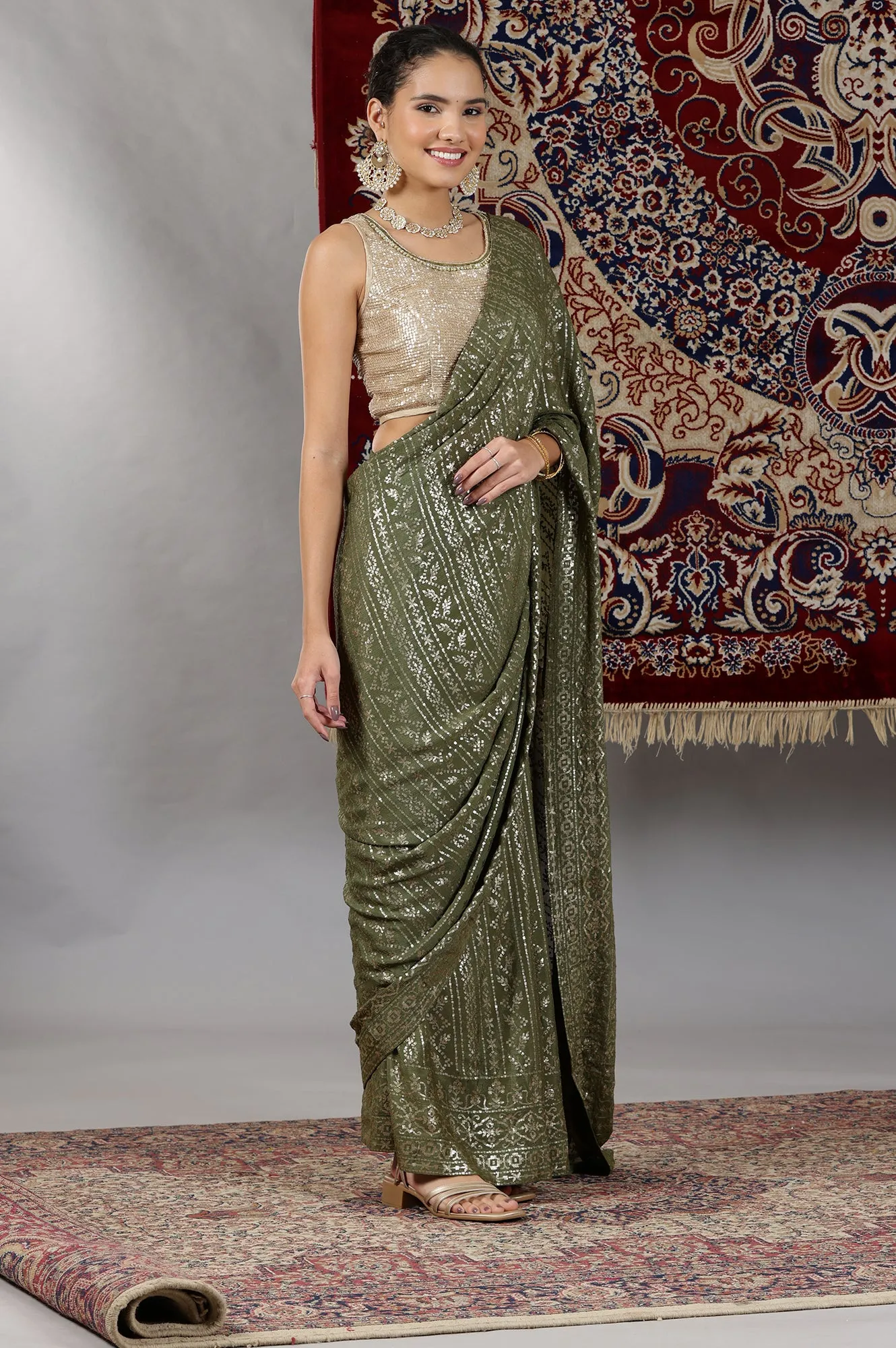 Gold and Green Sequin Embellished Crop Top and Pre Stitched Saree Set