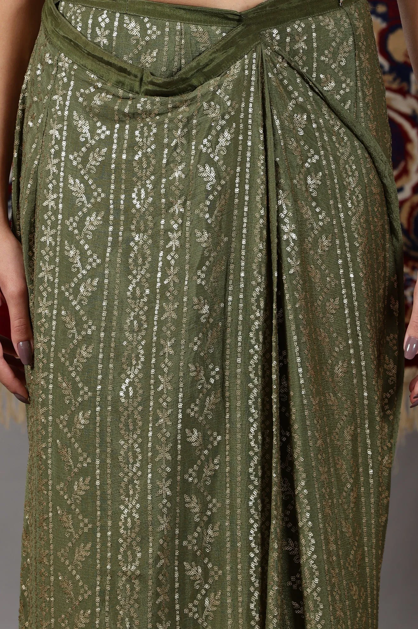 Gold and Green Sequin Embellished Crop Top and Pre Stitched Saree Set