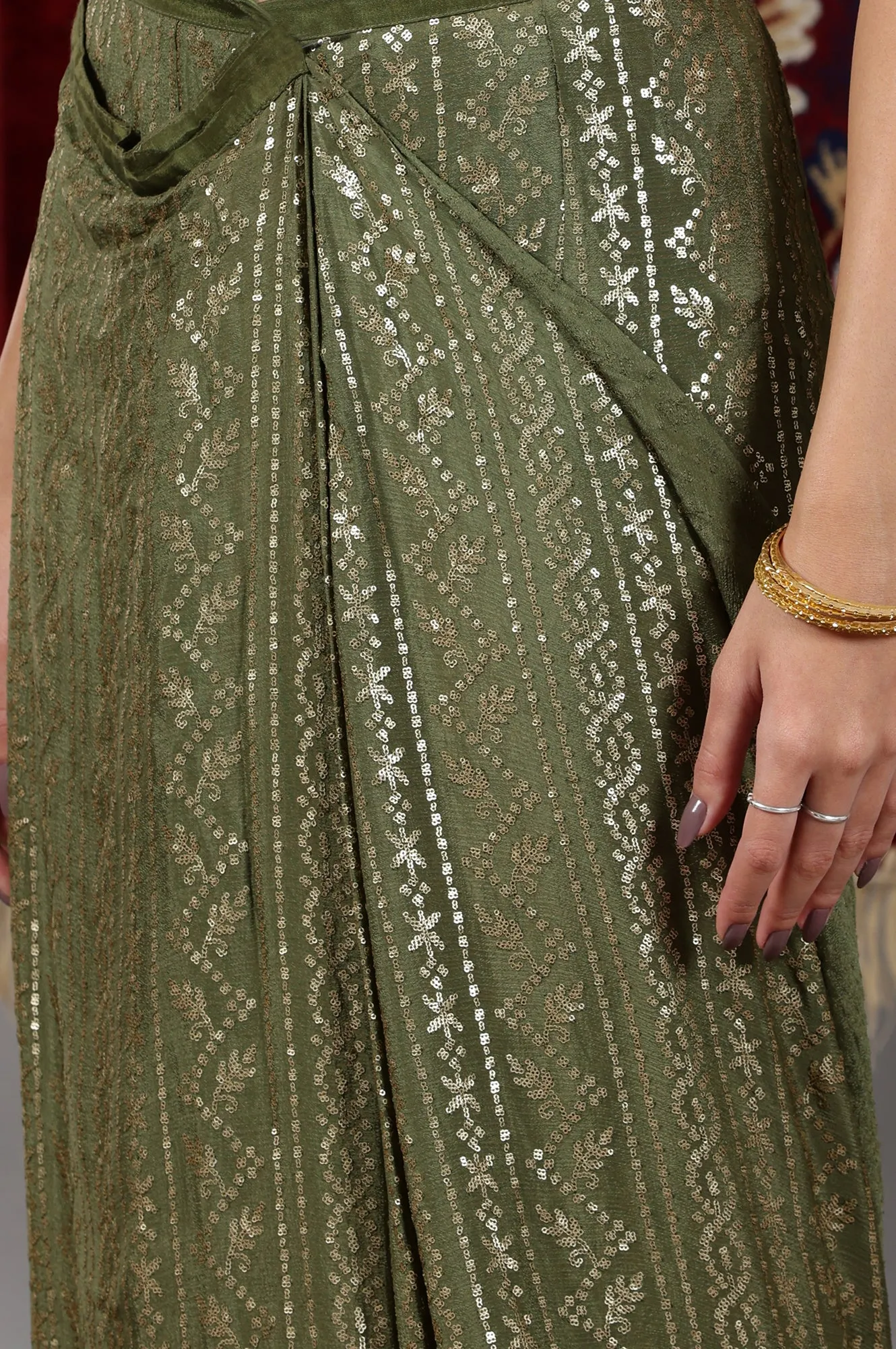 Gold and Green Sequin Embellished Crop Top and Pre Stitched Saree Set