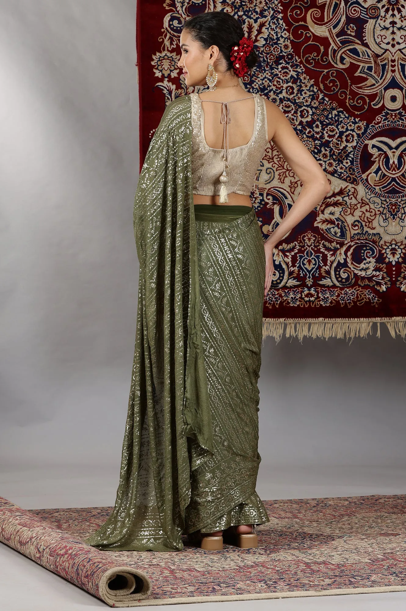 Gold and Green Sequin Embellished Crop Top and Pre Stitched Saree Set