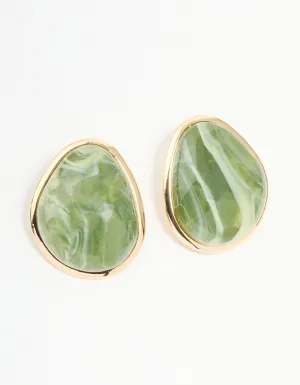 Gold Green Marble Organic Stud Earrings Set