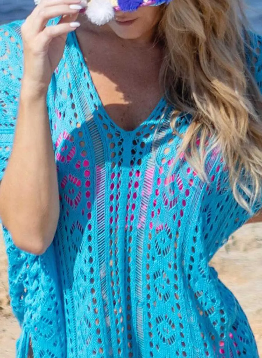 Handmade Boho Crochet Knitted Short White Beach Cover Ups Dress