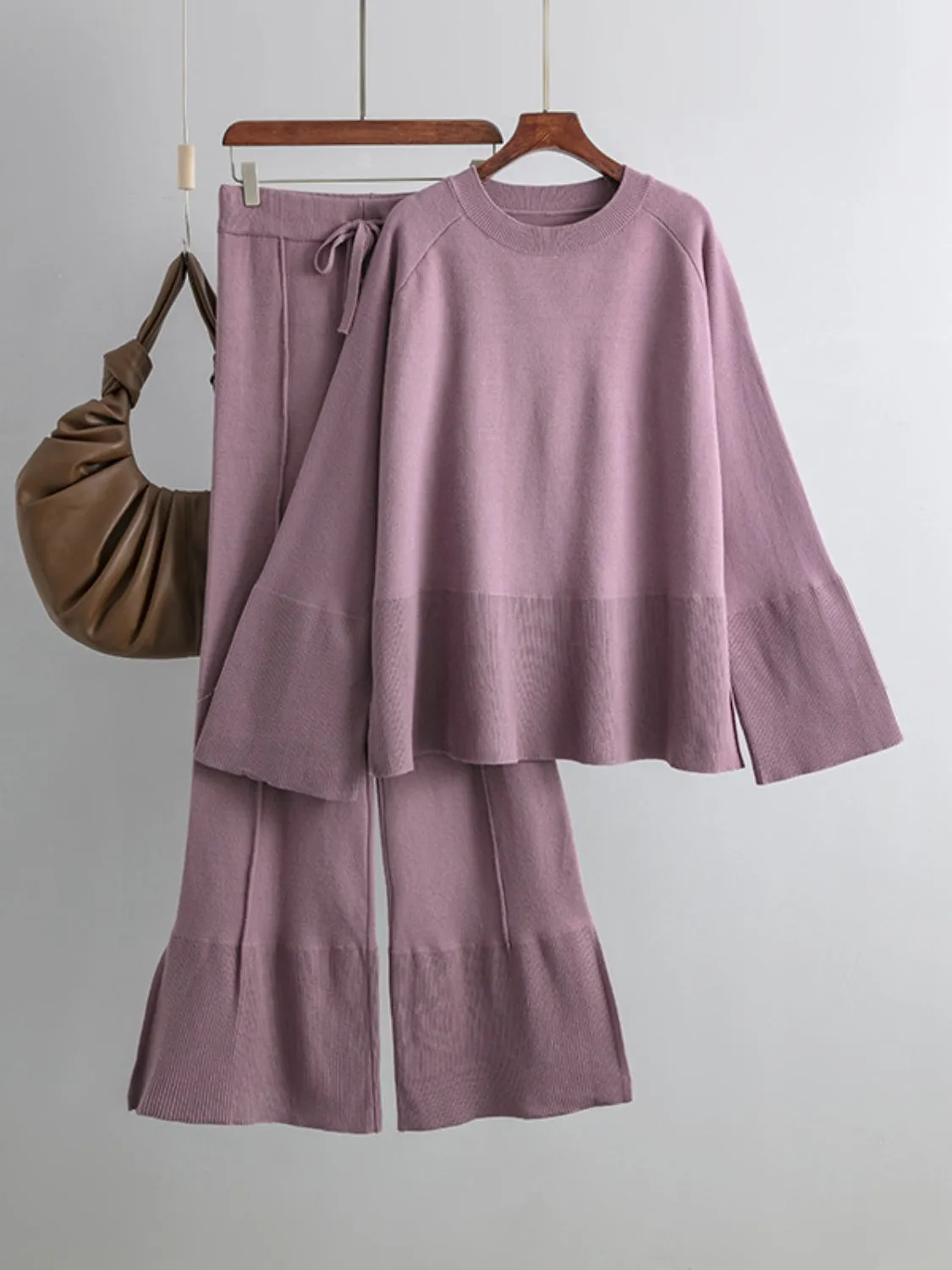Hazel Blues® |  Basic Bae Slit Round Neck Long Sleeve Top and Drawstring Pants Sweater Set