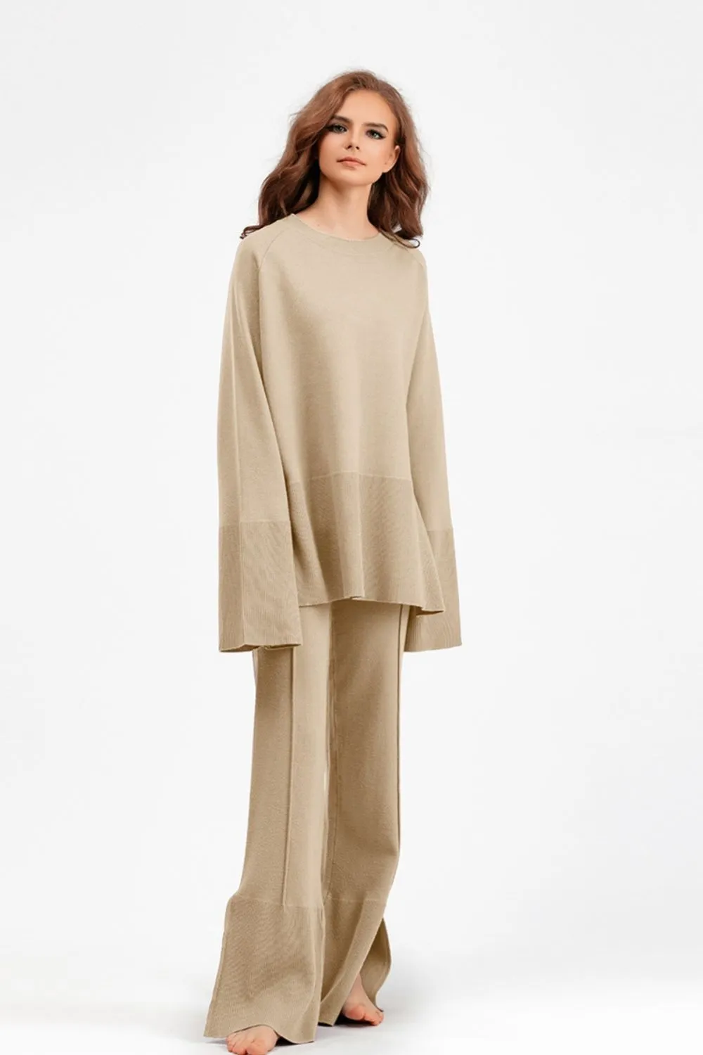 Hazel Blues® |  Basic Bae Slit Round Neck Long Sleeve Top and Drawstring Pants Sweater Set