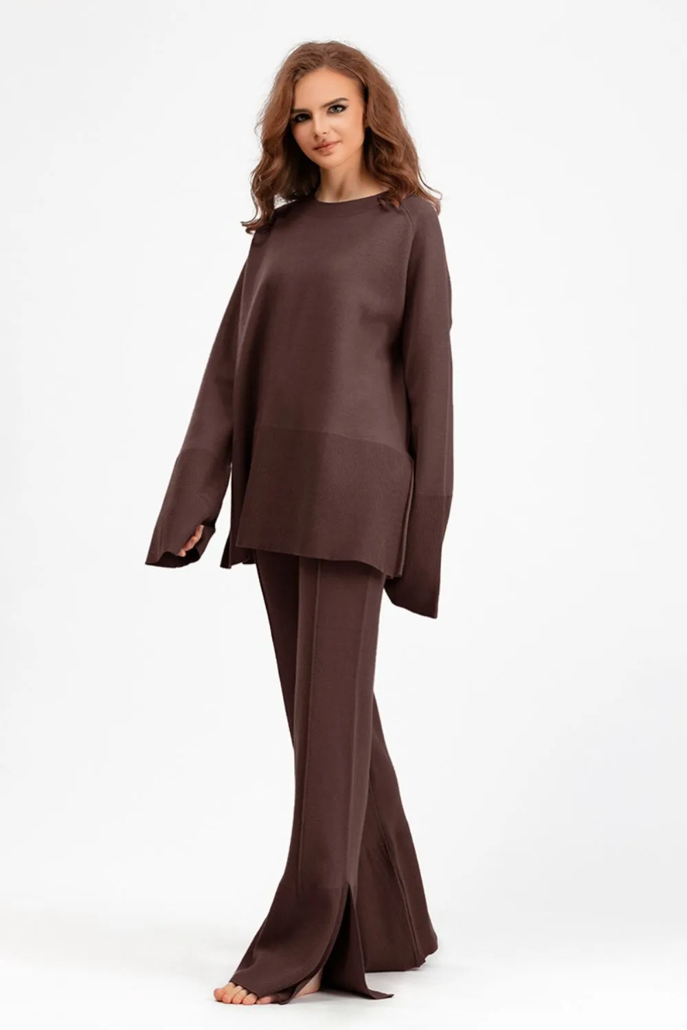 Hazel Blues® |  Basic Bae Slit Round Neck Long Sleeve Top and Drawstring Pants Sweater Set