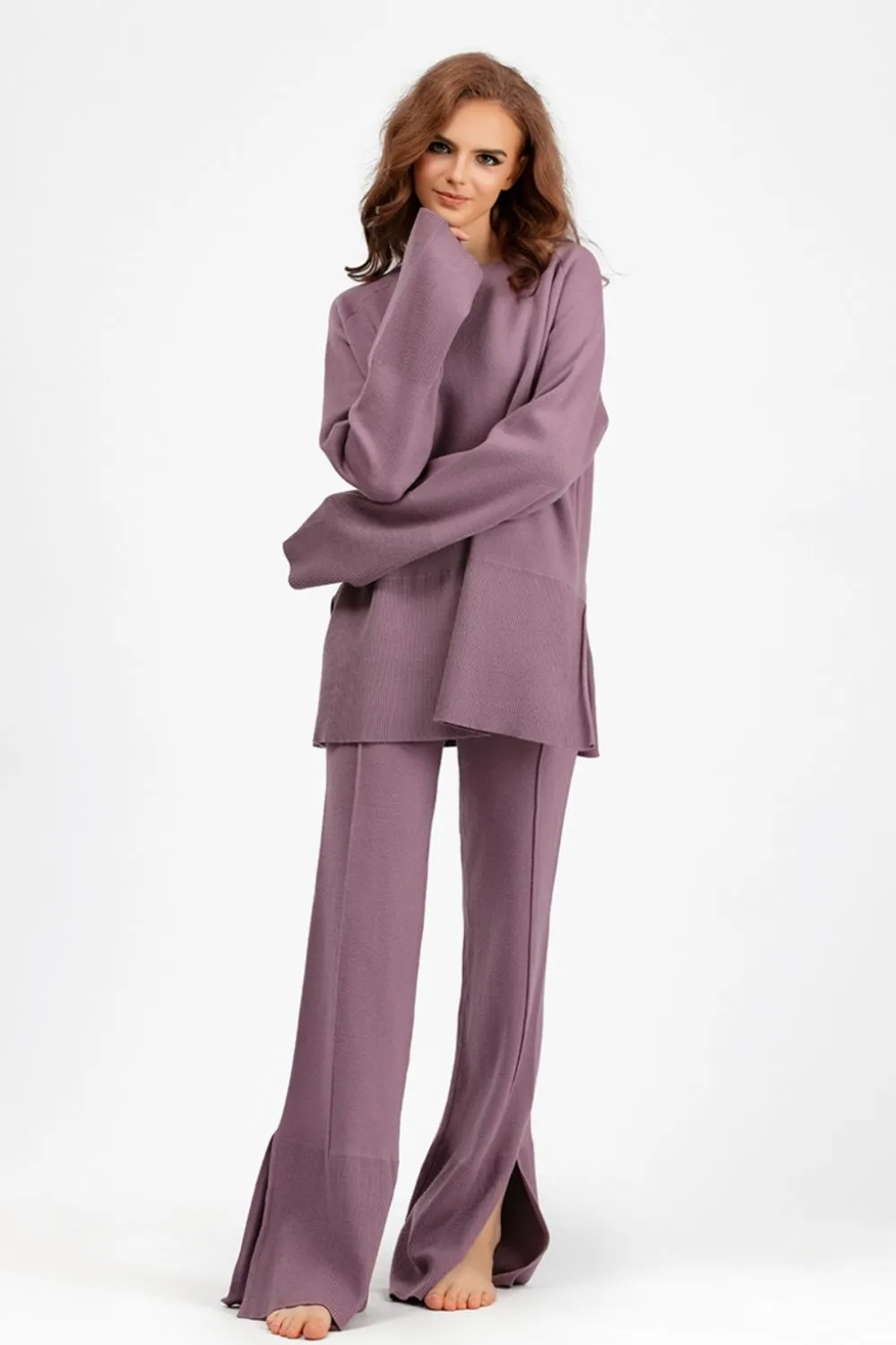 Hazel Blues® |  Basic Bae Slit Round Neck Long Sleeve Top and Drawstring Pants Sweater Set