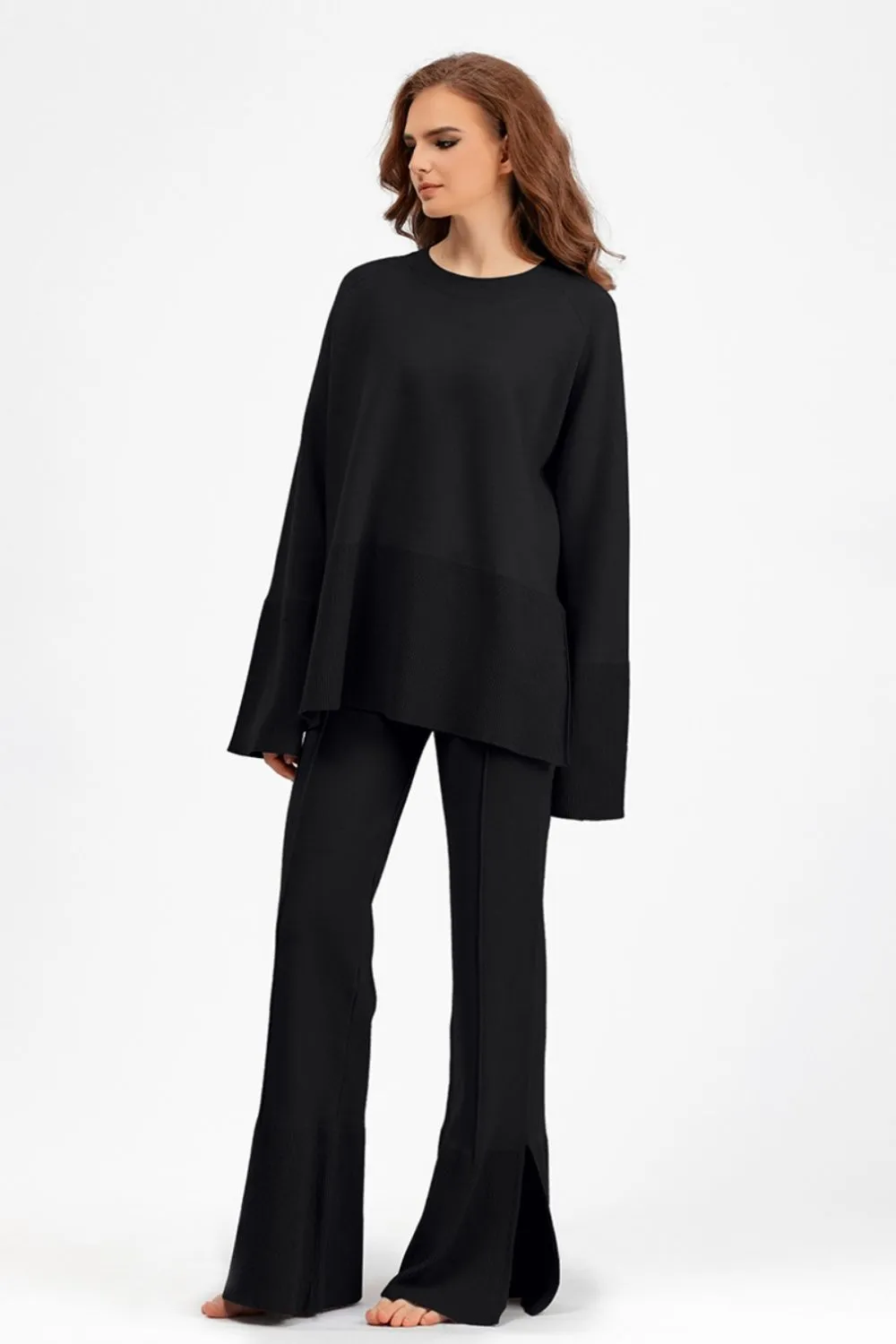 Hazel Blues® |  Basic Bae Slit Round Neck Long Sleeve Top and Drawstring Pants Sweater Set