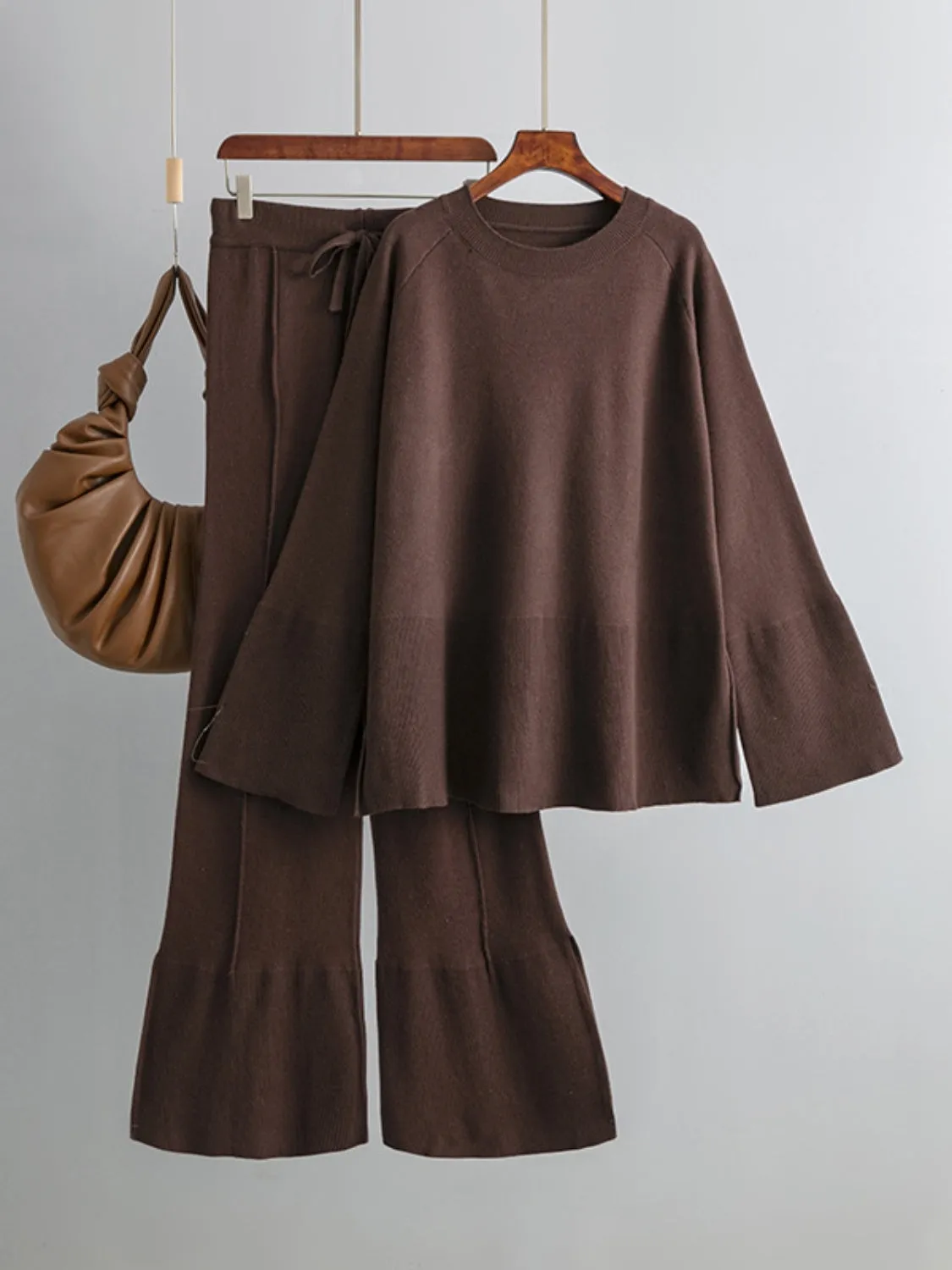 Hazel Blues® |  Basic Bae Slit Round Neck Long Sleeve Top and Drawstring Pants Sweater Set