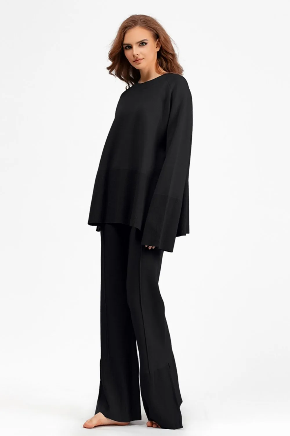 Hazel Blues® |  Basic Bae Slit Round Neck Long Sleeve Top and Drawstring Pants Sweater Set
