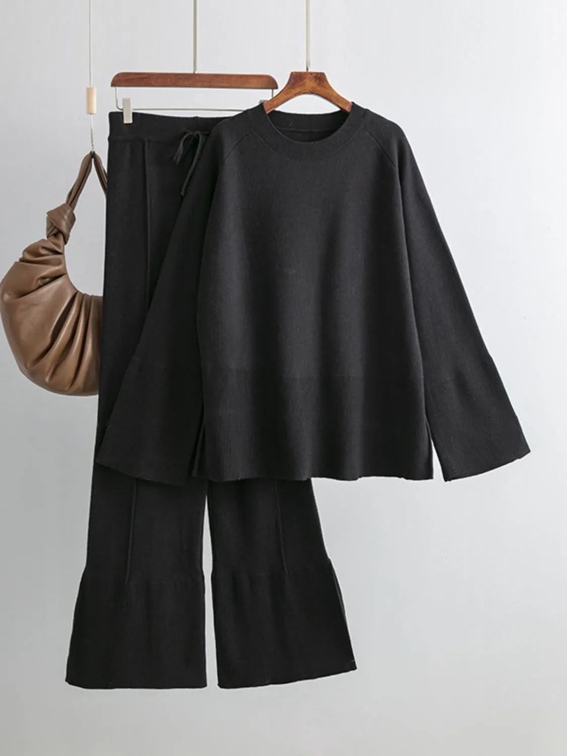 Hazel Blues® |  Basic Bae Slit Round Neck Long Sleeve Top and Drawstring Pants Sweater Set