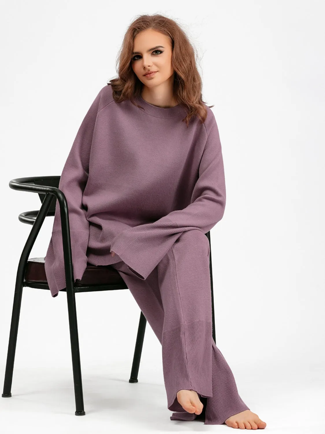 Hazel Blues® |  Basic Bae Slit Round Neck Long Sleeve Top and Drawstring Pants Sweater Set