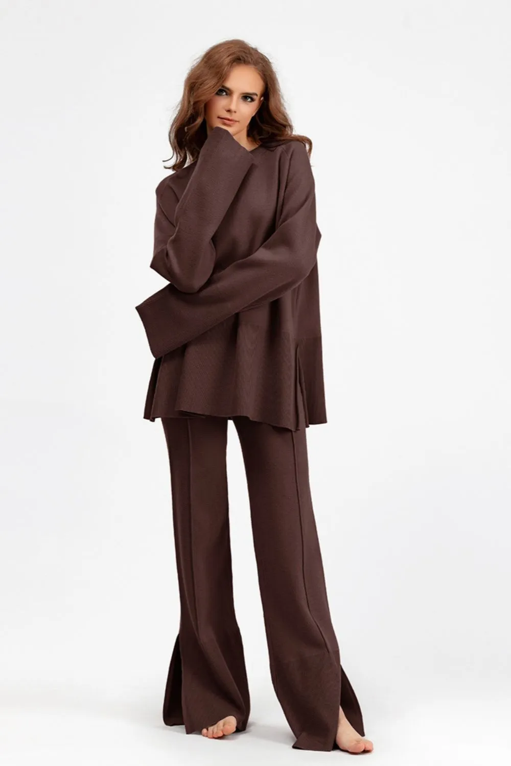 Hazel Blues® |  Basic Bae Slit Round Neck Long Sleeve Top and Drawstring Pants Sweater Set