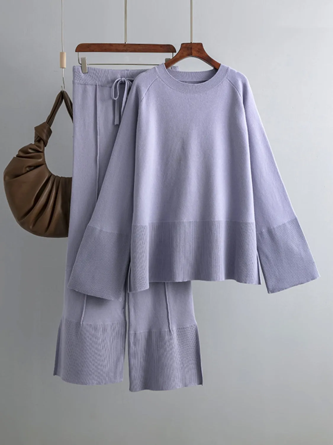 Hazel Blues® |  Basic Bae Slit Round Neck Long Sleeve Top and Drawstring Pants Sweater Set