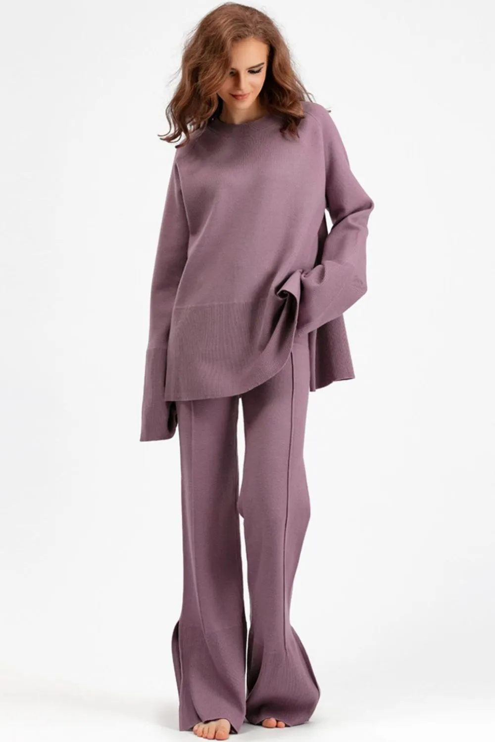 Hazel Blues® |  Basic Bae Slit Round Neck Long Sleeve Top and Drawstring Pants Sweater Set