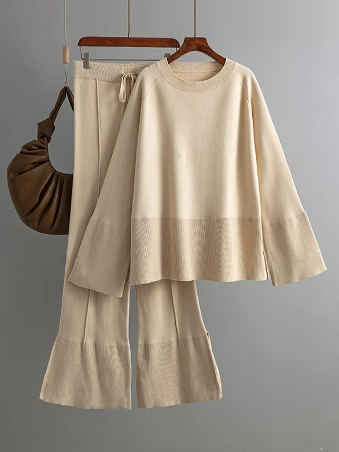 Hazel Blues® |  Basic Bae Slit Round Neck Long Sleeve Top and Drawstring Pants Sweater Set