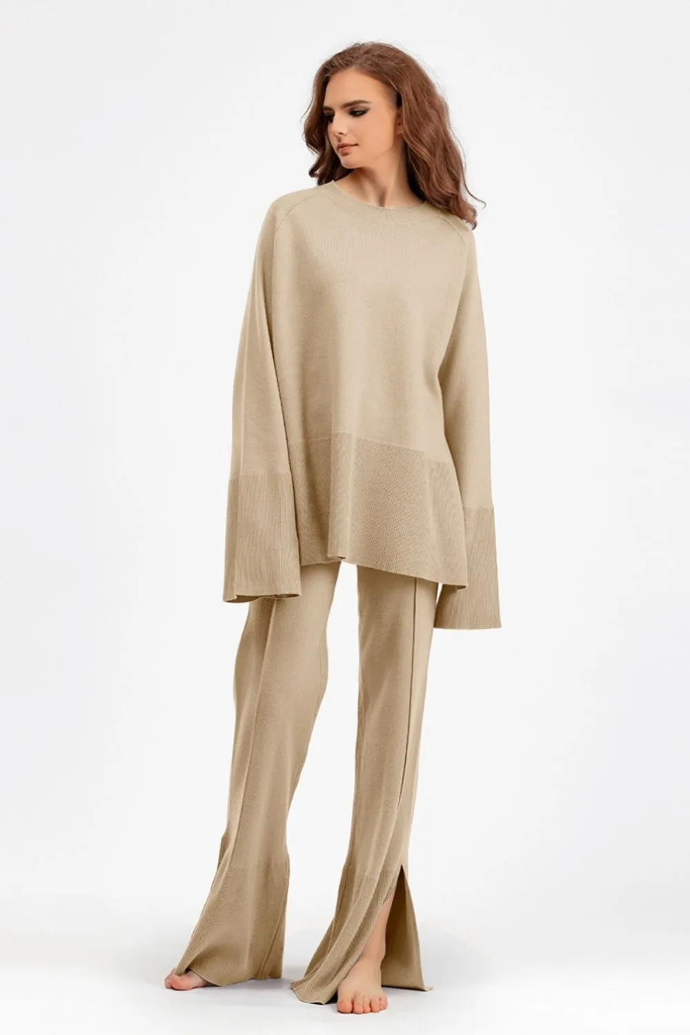 Hazel Blues® |  Basic Bae Slit Round Neck Long Sleeve Top and Drawstring Pants Sweater Set