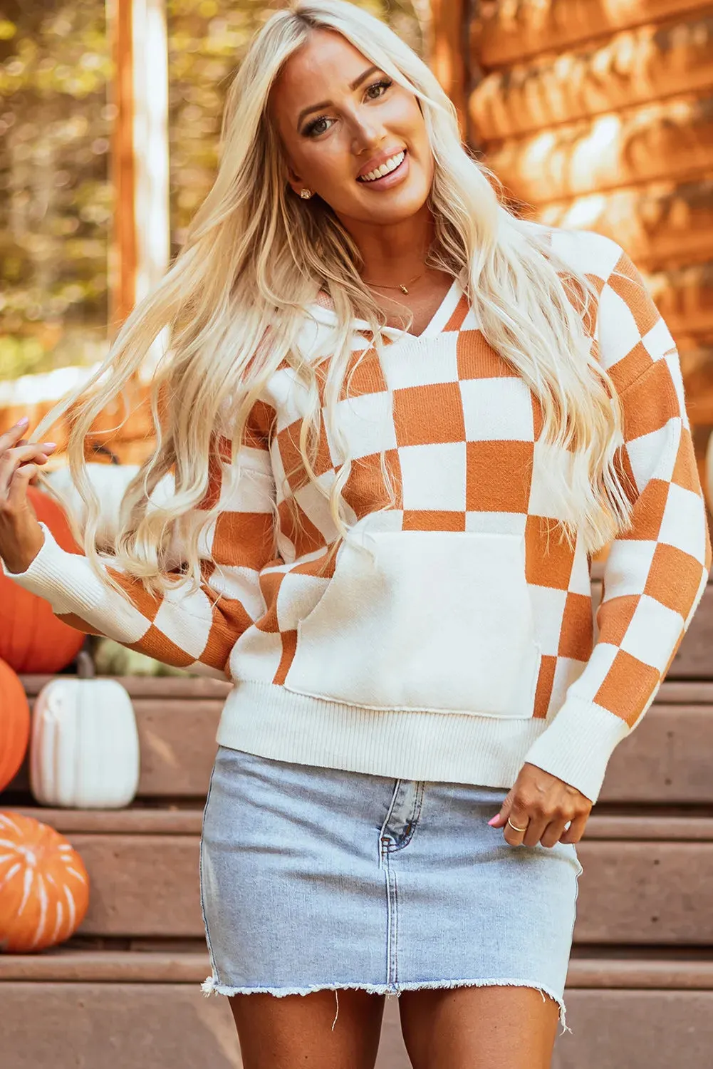 Hazel Blues® |  Checkered Long Sleeve Hooded Sweater