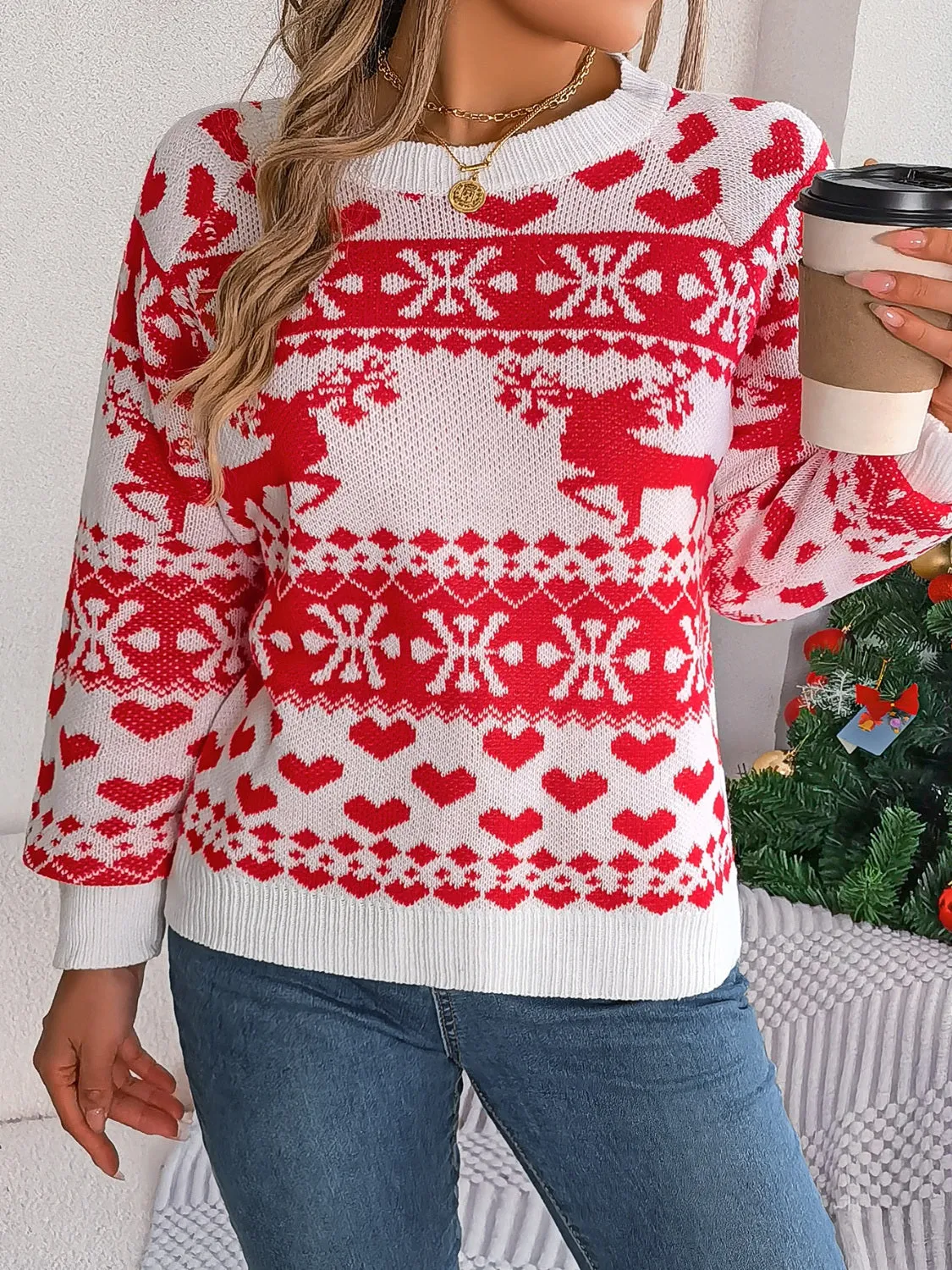 Hazel Blues® |  Christmas Element Round Neck Long Sleeve Sweater