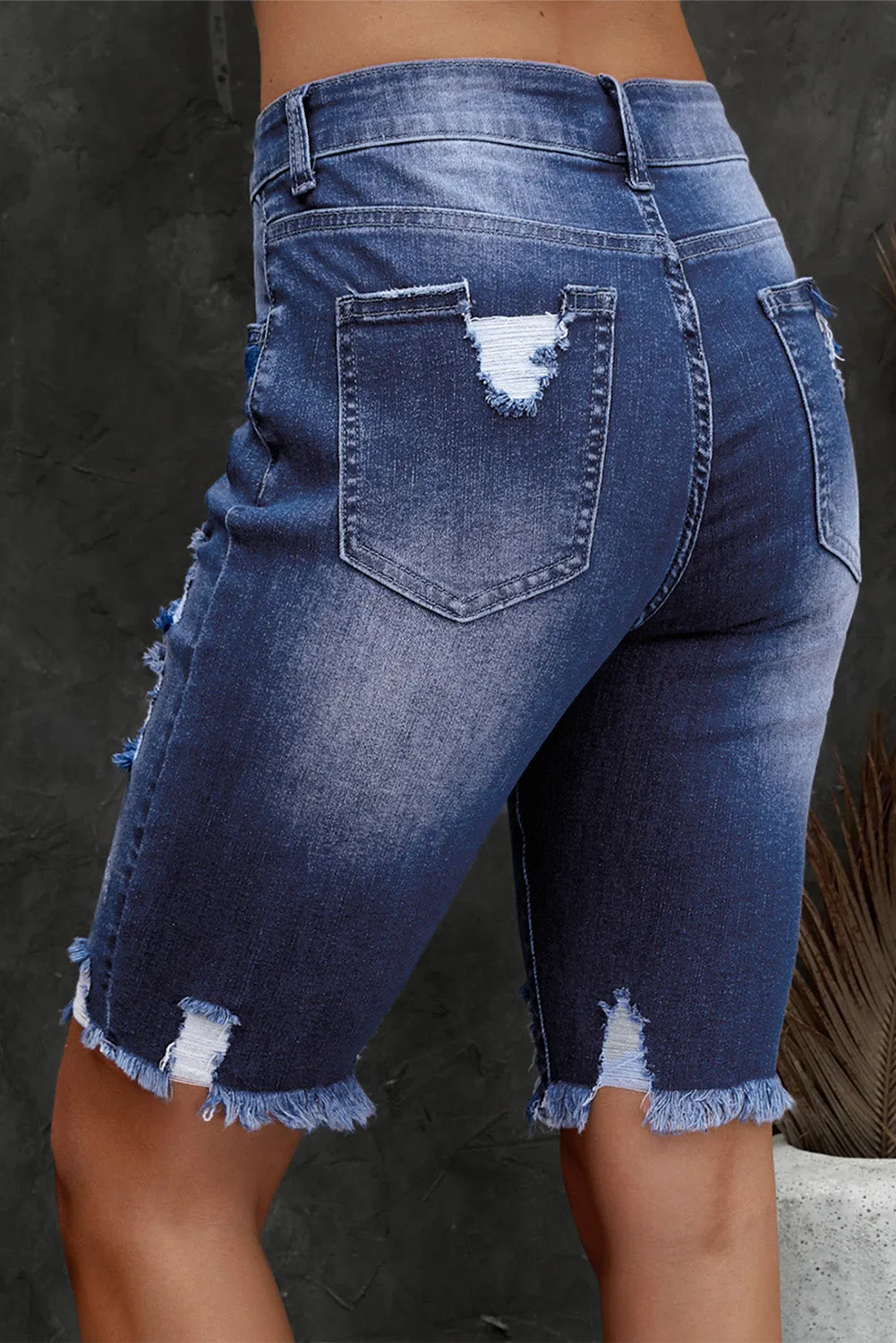 Hazel Blues® |  Distressed Frayed Hem Denim Bermuda Shorts