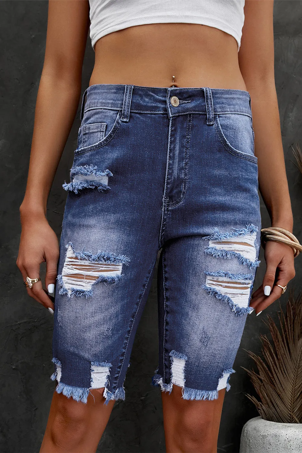 Hazel Blues® |  Distressed Frayed Hem Denim Bermuda Shorts