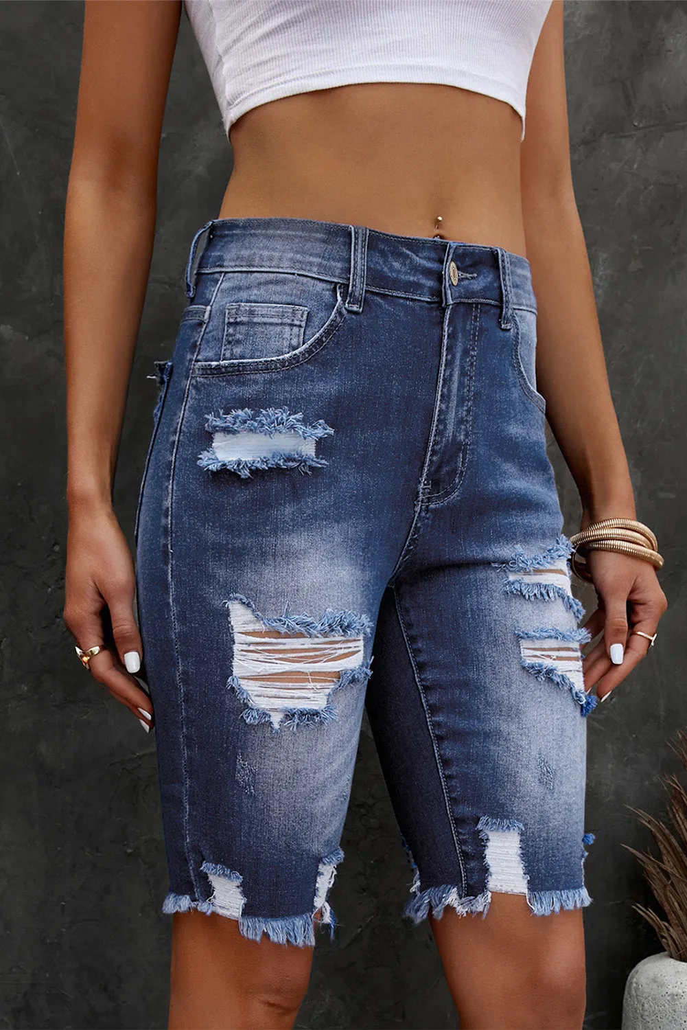 Hazel Blues® |  Distressed Frayed Hem Denim Bermuda Shorts